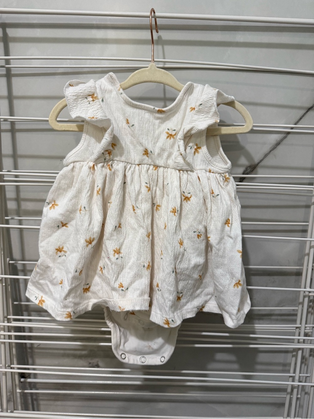 H&M White Baby Dress Bodysuit with Mustard Floral Print 4-6